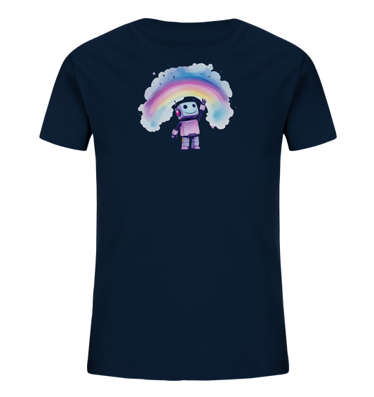 Onlineshop Shirts für Kinder - Das Bild zeigt ein dunkelblaues Kinder-T-Shirt mit einem farbenfrohen Motiv. Im Zentrum des Designs steht ein kleiner, pinker Roboter mit Kopfhörern, der freundlich winkt. Über dem Roboter erstreckt sich ein bunter Regenbogen, der von sanften, weißen Wolken eingerahmt wird. Das gesamte Bild strahlt eine fröhliche und fantasievolle Atmosphäre aus, die ideal für Kinderkleidung ist.