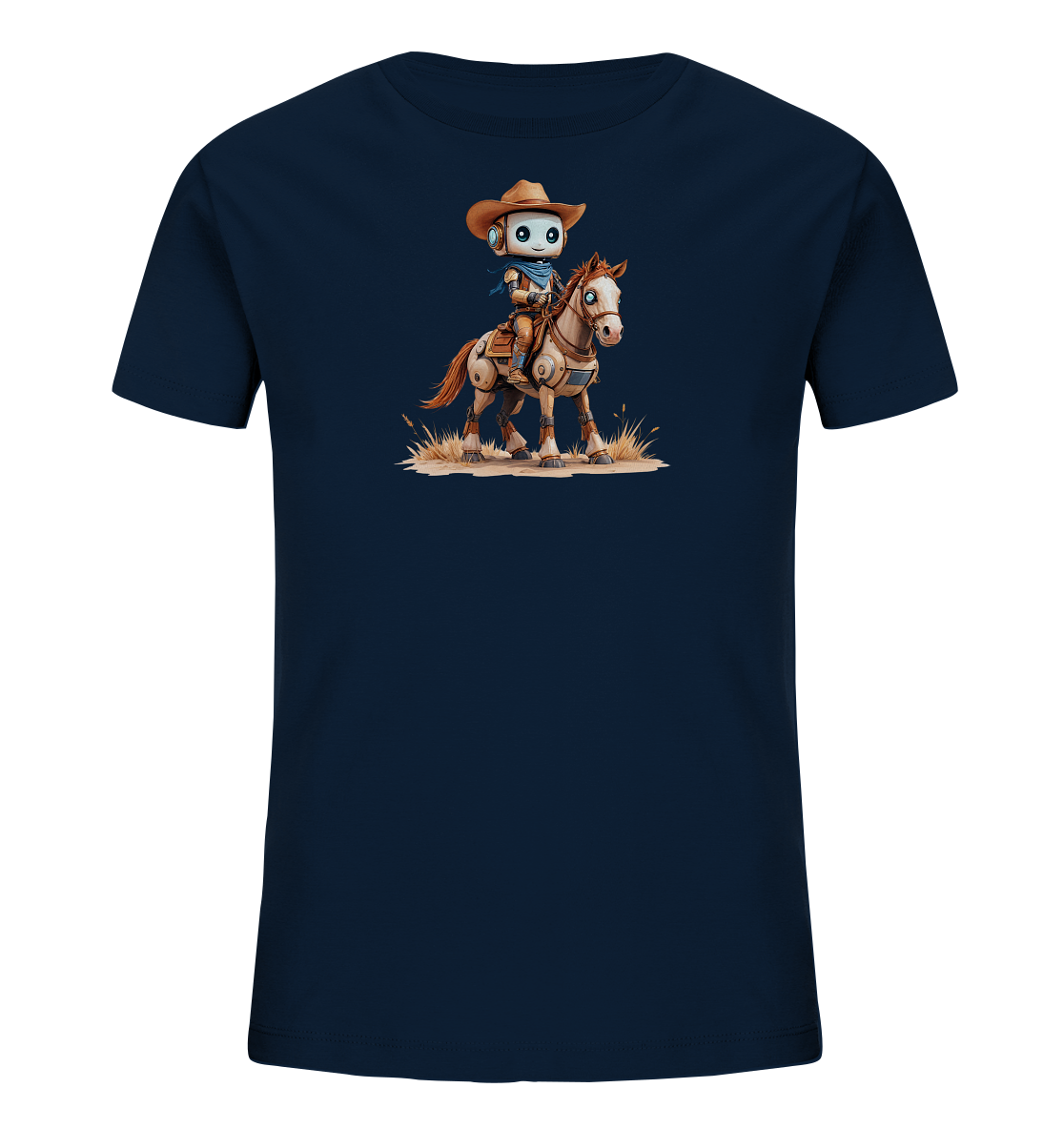 Onlineshop Shirts für Kinder - Das Bild zeigt ein dunkelblaues Kinder-T-Shirt mit einem detailreichen Aufdruck auf der Vorderseite. Zu sehen ist ein freundlicher Roboter im Cowboy-Outfit, komplett mit Hut und Halstuch. Der Roboter reitet auf einem Pferd, das ebenfalls mechanische Elemente aufweist. Das Motiv ist in einem illustrativen Stil gehalten und zeigt die Figuren in einer Landschaft mit trockenem Gras.