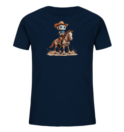 Onlineshop Shirts für Kinder - Das Bild zeigt ein dunkelblaues Kinder-T-Shirt mit einem detailreichen Aufdruck auf der Vorderseite. Zu sehen ist ein freundlicher Roboter im Cowboy-Outfit, komplett mit Hut und Halstuch. Der Roboter reitet auf einem Pferd, das ebenfalls mechanische Elemente aufweist. Das Motiv ist in einem illustrativen Stil gehalten und zeigt die Figuren in einer Landschaft mit trockenem Gras.