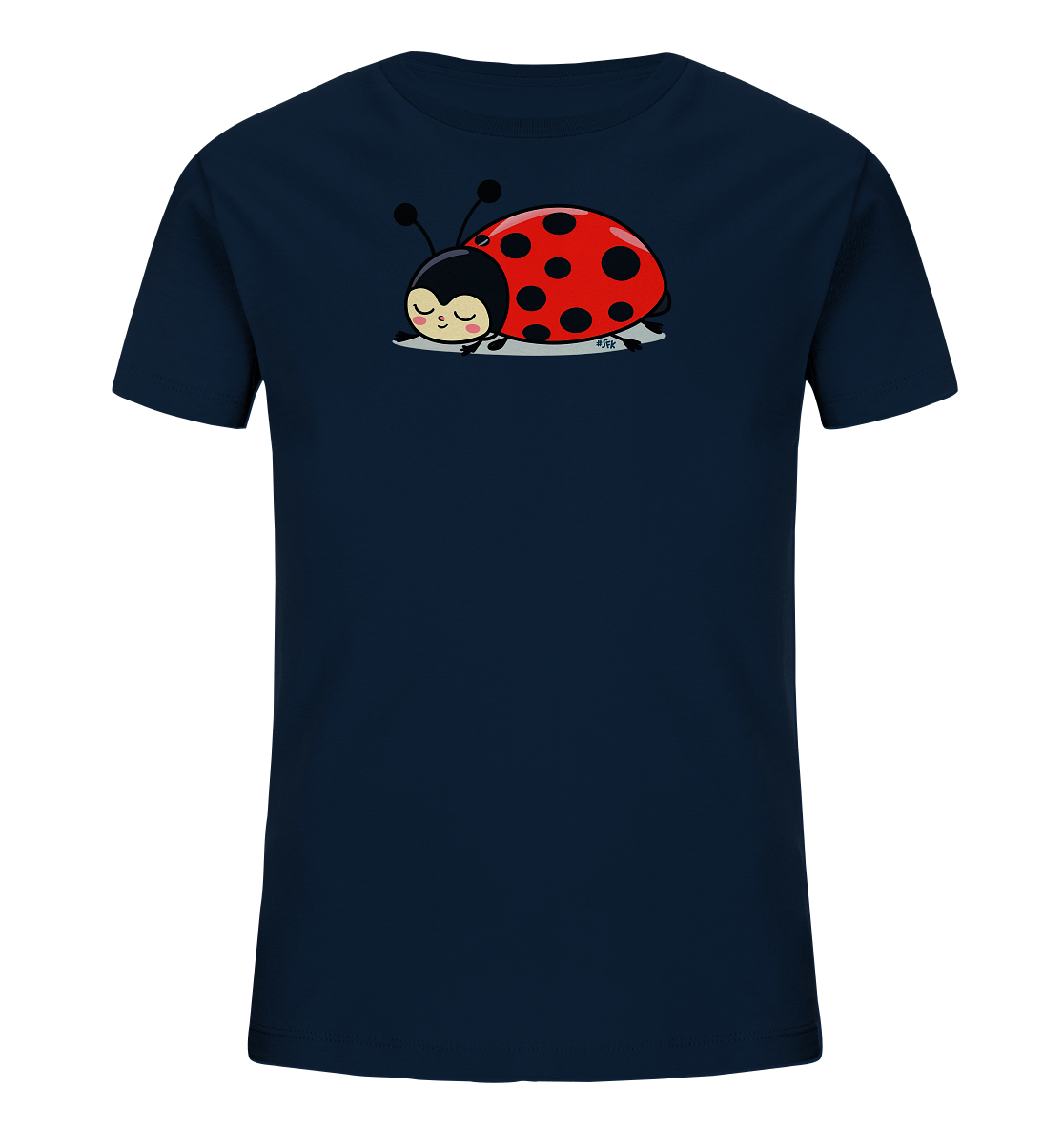 Onlineshop Shirts fuer Kinder - Das Bild zeigt ein dunkelblaues Kinder-T-Shirt. Auf der Vorderseite ist eine niedliche, cartoonhafte Illustration eines roten Marienkaefers zu sehen. Der Marienkaefer hat schwarze Punkte und Fuehler, und er liegt friedlich schlafend mit geschlossenen Augen da. Das Motiv verleiht dem T-Shirt einen ruhigen und verspielten Charakter, ideal fuer Kinder.