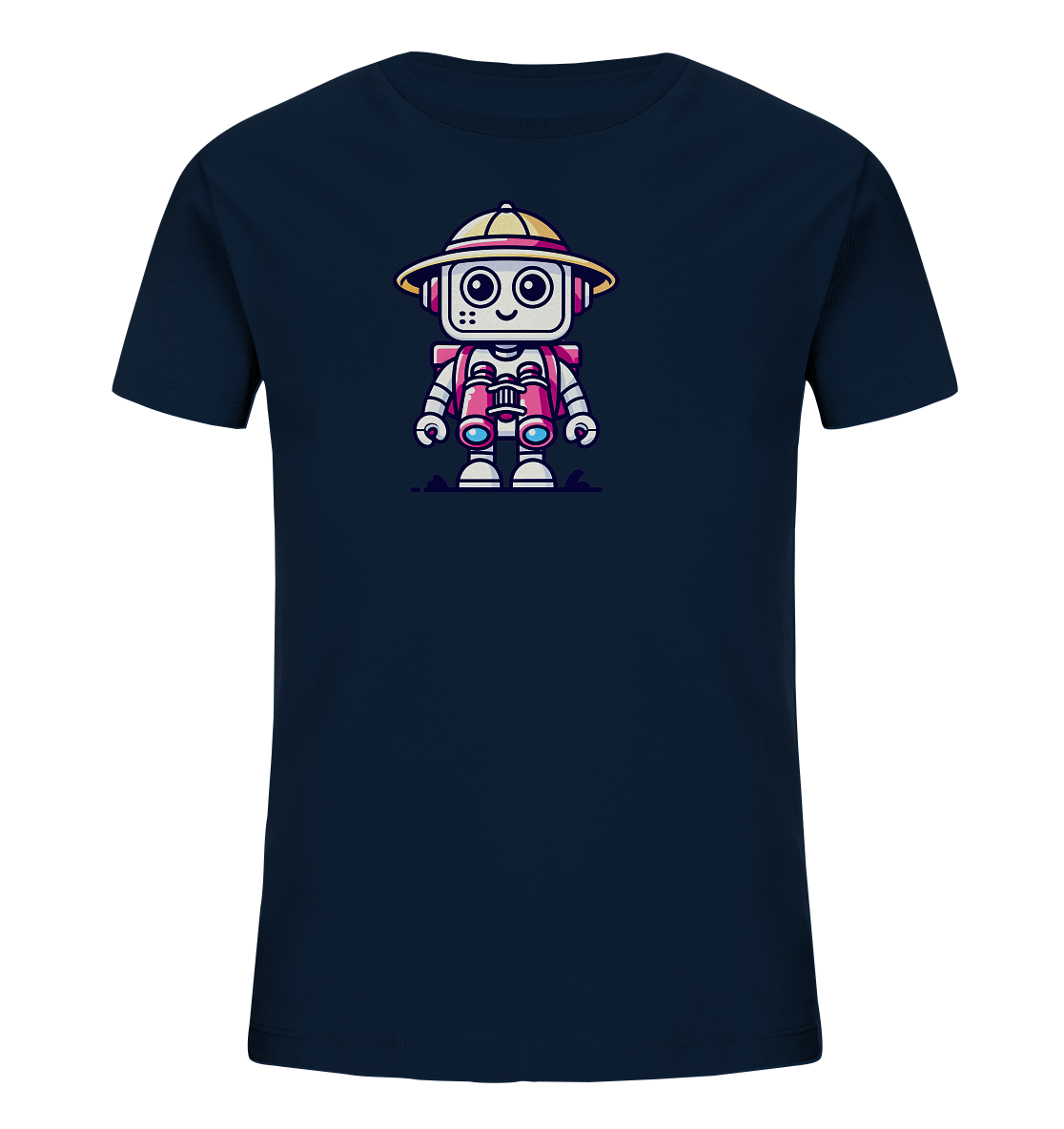 Onlineshop Shirts für Kinder - Das Bild zeigt ein dunkelblaues Kinder-T-Shirt mit einer zentralen Grafik. Die Grafik stellt einen kleinen, freundlichen Cartoon-Roboter dar, der einen Safari- oder Entdeckerhut trägt und ein Paar Ferngläser vor sich hält. Der Roboter hat ein lächelndes Gesicht und ist in bunten Farben wie Rosa, Gelb, Weiß und Blau gehalten. Das Design verleiht dem schlichten T-Shirt einen verspielten und abenteuerlichen Charakter und ist ideal für junge Entdecker.