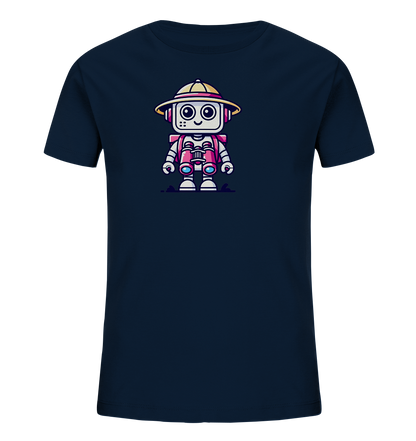 Onlineshop Shirts für Kinder - Das Bild zeigt ein dunkelblaues Kinder-T-Shirt mit einer zentralen Grafik. Die Grafik stellt einen kleinen, freundlichen Cartoon-Roboter dar, der einen Safari- oder Entdeckerhut trägt und ein Paar Ferngläser vor sich hält. Der Roboter hat ein lächelndes Gesicht und ist in bunten Farben wie Rosa, Gelb, Weiß und Blau gehalten. Das Design verleiht dem schlichten T-Shirt einen verspielten und abenteuerlichen Charakter und ist ideal für junge Entdecker.