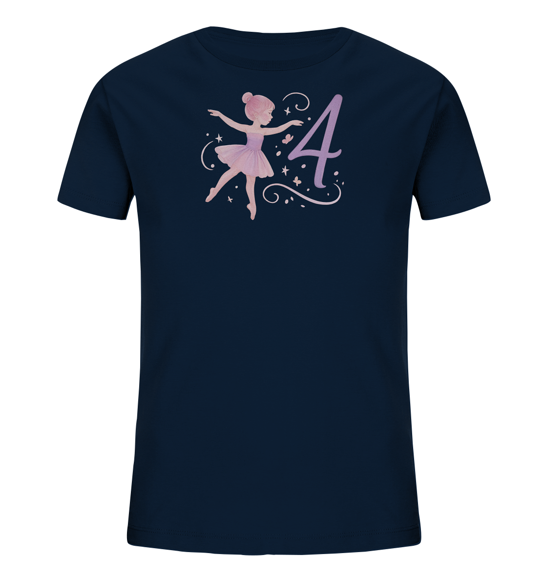 Onlineshop Shirts fuer Kinder - Das Bild zeigt ein dunkelblaues Kinder-T-Shirt mit einer Grafik einer Ballerina in einem rosa Tutu auf der Vorderseite. Neben der Ballerina steht die Zahl Vier in einer passenden rosa Farbe. Das Design ist zusaetzlich mit kleinen Sternen und Schmetterlingen verziert, was dem Shirt einen zarten und festlichen Charakter verleiht.