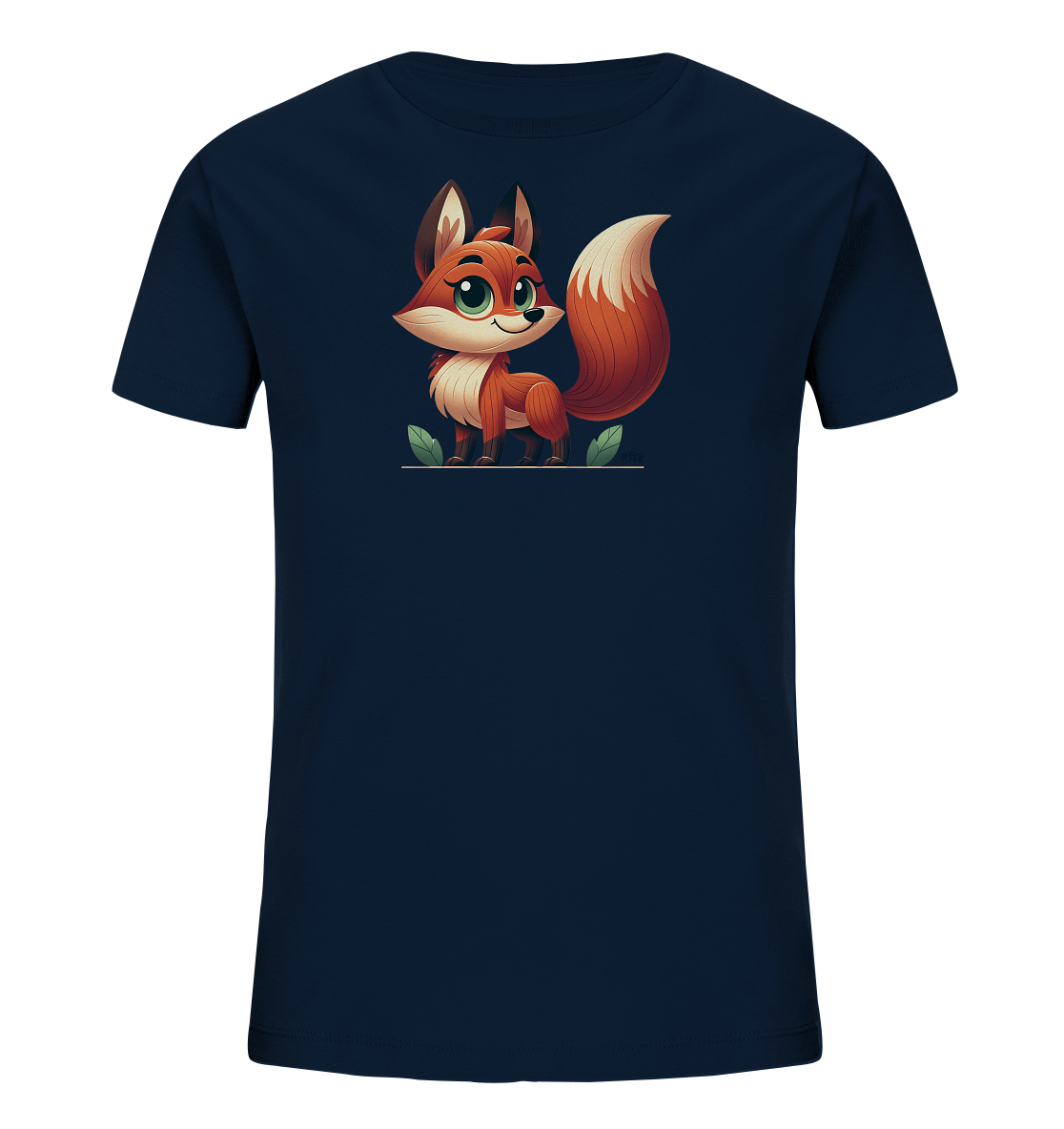 Onlineshop Shirts fuer Kinder - Das dunkelblaue T-Shirt fuer Kinder zeigt eine charmante Illustration eines Fuchses. Der Fuchs hat grosse gruene Augen, roetlich-braunes Fell und einen buschigen Schwanz. Das Motiv wird von zwei kleinen Blaettern begleitet, was dem Design eine verspielte Note gibt. Es ist ein suesses und neutrales Design.