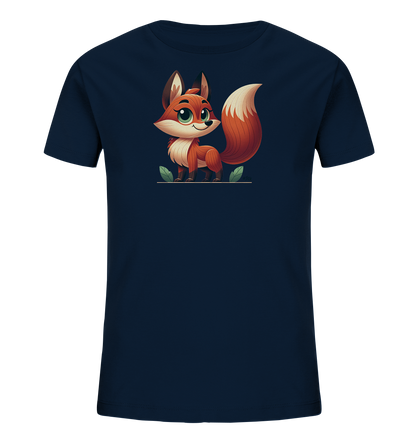 Onlineshop Shirts fuer Kinder - Das dunkelblaue T-Shirt fuer Kinder zeigt eine charmante Illustration eines Fuchses. Der Fuchs hat grosse gruene Augen, roetlich-braunes Fell und einen buschigen Schwanz. Das Motiv wird von zwei kleinen Blaettern begleitet, was dem Design eine verspielte Note gibt. Es ist ein suesses und neutrales Design.