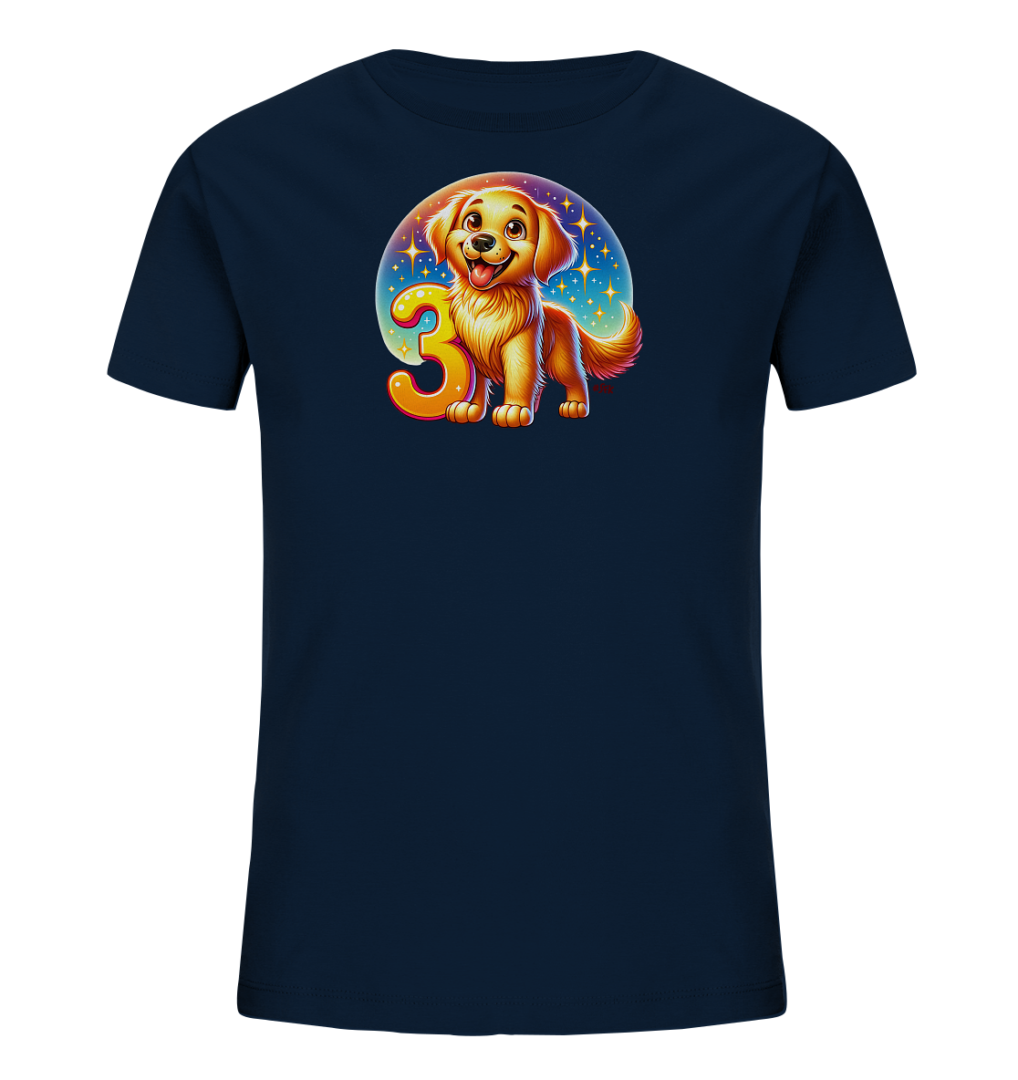 Onlineshop Shirts fuer Kinder - Das Bild zeigt ein dunkelblaues Kinder-T-Shirt. Auf der Vorderseite ist eine niedliche, cartoonartige Illustration eines goldenen Retriever-Welpen zu sehen. Der Welpe steht vor einer grossen, farbigen Zahl '3', umgeben von einem Kreis mit Sternen und Lichtern. Das Motiv wirkt froehlich und verspielt.