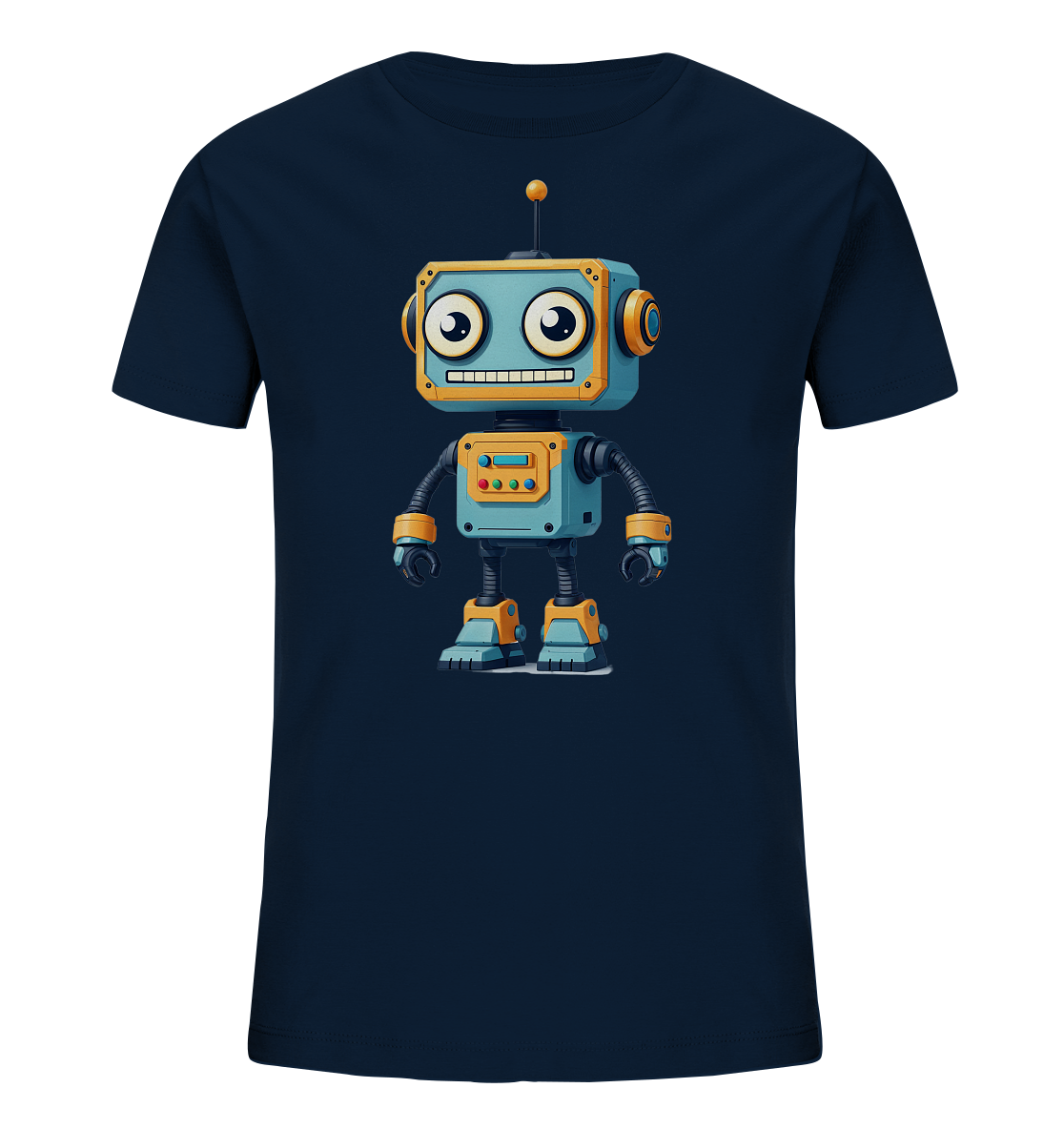 Onlineshop Shirts für Kinder - Das Bild zeigt ein dunkelblaues T-Shirt, auf dem ein bunter Comic-Roboter abgebildet ist. Der Roboter hat eine hellblaue und orange/gelbe Farbgebung mit großen Augen und einem breiten Lächeln. Er besitzt bewegliche Gliedmaßen und eine Antenne auf dem Kopf, was ihm ein freundliches Aussehen verleiht. Dieses Design bietet ein spielerisches Motiv, das gut zu Kinderkleidung passt und eine Begeisterung für Technologie und Fantasie ausdrückt.