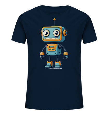 Onlineshop Shirts für Kinder - Das Bild zeigt ein dunkelblaues T-Shirt, auf dem ein bunter Comic-Roboter abgebildet ist. Der Roboter hat eine hellblaue und orange/gelbe Farbgebung mit großen Augen und einem breiten Lächeln. Er besitzt bewegliche Gliedmaßen und eine Antenne auf dem Kopf, was ihm ein freundliches Aussehen verleiht. Dieses Design bietet ein spielerisches Motiv, das gut zu Kinderkleidung passt und eine Begeisterung für Technologie und Fantasie ausdrückt.