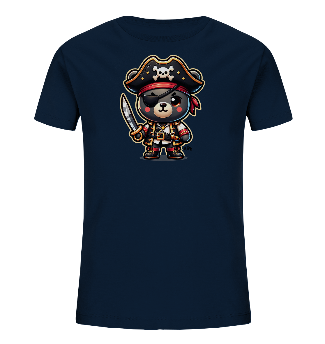 Onlineshop Shirts fuer Kinder - Das Bild zeigt ein dunkelblaues T-Shirt fuer Kinder mit einer niedlichen Grafik eines Baeren, der als Pirat verkleidet ist. Der Baer traegt einen Piratenhut mit Totenkopf, eine Augenklappe und haelt ein Schwert. Seine Kleidung ist detailliert und farbenfroh gestaltet, was dem Design einen verspielten Charakter verleiht.