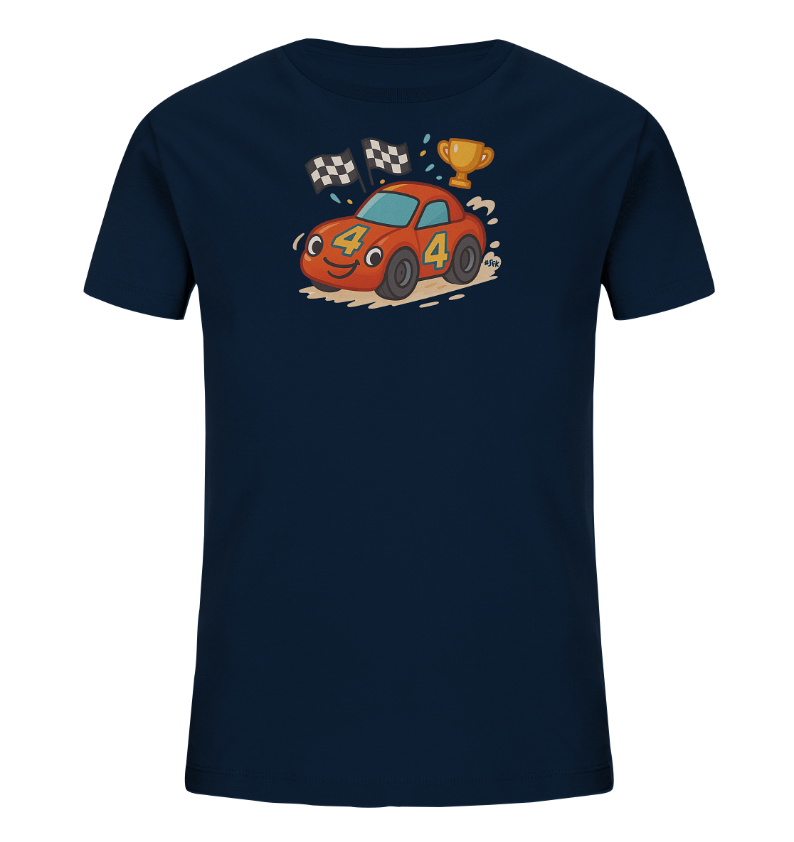 Onlineshop Shirts fuer Kinder - Das Bild zeigt ein dunkelblaues Kinder-T-Shirt mit einer farbenfrohen Illustration eines Rennwagens. Ein rotes Cartoon-Auto mit der Nummer 4 faehrt ueber Staub, begleitet von Zielflaggen und einem goldenen Pokal. Das Design wirkt dynamisch und verspielt, ideal fuer kleine Rennsport-Enthusiasten. Es ist eine neutrale Darstellung des Motivs auf dem Textil.