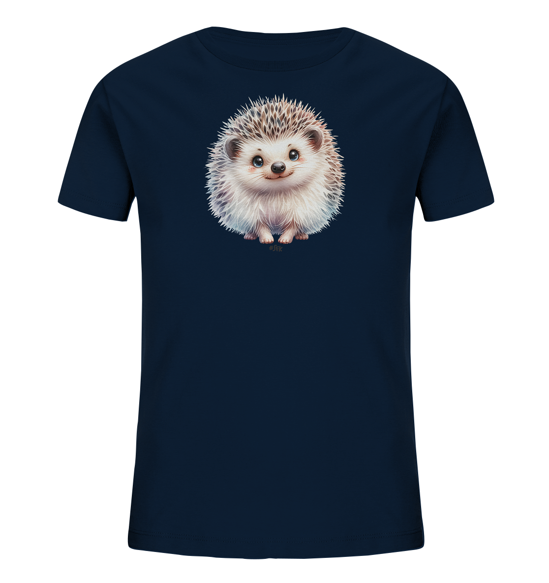 Onlineshop Shirts fuer Kinder - Das Bild zeigt ein dunkelblaues T-Shirt mit einer niedlichen Illustration eines Igels. Der Igel sitzt in der Mitte des Shirts, hat freundliche Augen und ein Laecheln. Sein Fell ist detailliert dargestellt, was ihm ein flauschiges Aussehen verleiht. Die Grafik ist das zentrale Element auf dem ansonsten schlichten Shirt.