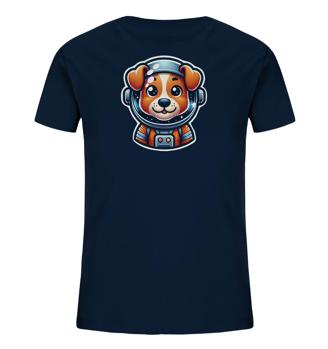 Onlineshop Shirts fuer Kinder - Das T-Shirt ist dunkelblau und zeigt eine niedliche Illustration eines Hundes in einem Astronautenanzug. Der Hund traegt einen Helm und einen orange-grauen Raumanzug. Sein Gesicht ist freundlich mit grossen Augen und einem Laecheln, was dem Motiv einen verspielten Charakter verleiht. Das Design ist detailliert und ansprechend fuer Kinder.