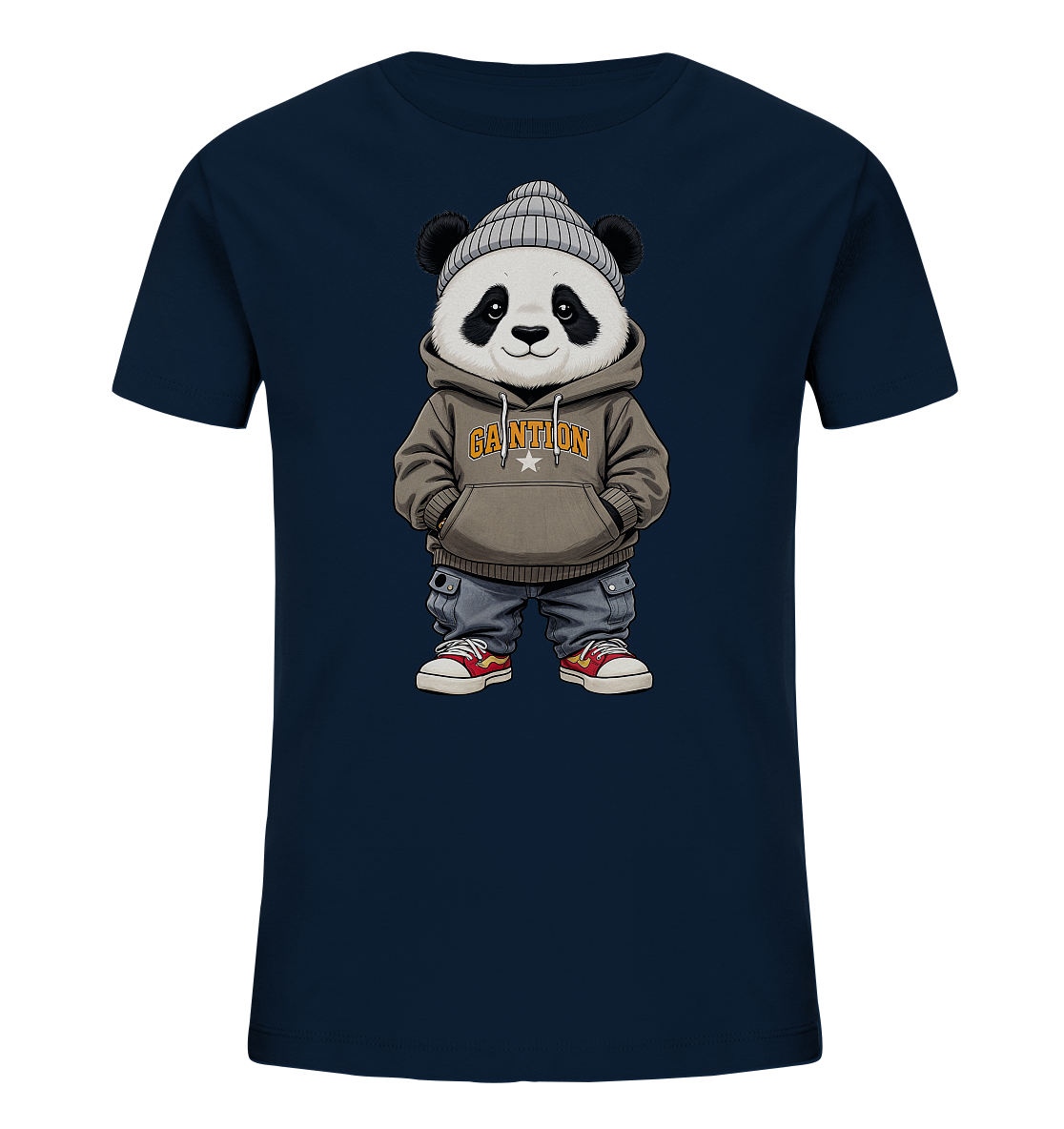 Onlineshop Shirts fuer Kinder - Das Bild zeigt ein dunkelblaues T-Shirt mit einem niedlichen Cartoon-Panda auf der Vorderseite. Der Panda traegt eine graue Beanie-Muetze, einen braunen Kapuzenpullover und weite blaue Hosen mit roten Turnschuhen. Auf dem Hoodie ist ein Stern mit einem Schriftzug zu sehen. Das Design verleiht dem Shirt einen laessigen und modernen Look.