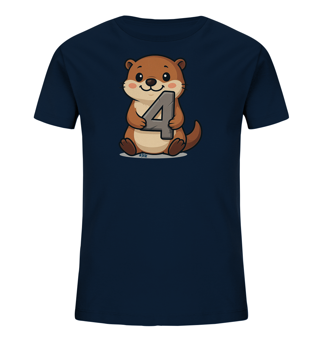 Onlineshop Shirts fuer Kinder - Das Bild zeigt ein dunkelblaues T-Shirt fuer Kinder. Auf der Vorderseite ist eine Illustration eines sitzenden Otters zu sehen. Der Otter haelt die graue Zahl '4' in seinen Pfoten. Das Design wirkt freundlich und passend fuer kleine Kinder.
