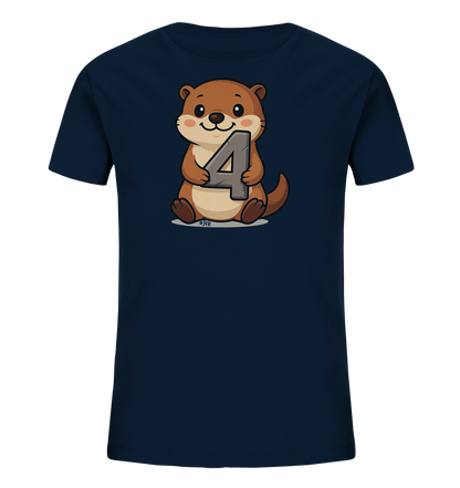 Onlineshop Shirts fuer Kinder - Das Bild zeigt ein dunkelblaues T-Shirt fuer Kinder. Auf der Vorderseite ist eine Illustration eines sitzenden Otters zu sehen. Der Otter haelt die graue Zahl '4' in seinen Pfoten. Das Design wirkt freundlich und passend fuer kleine Kinder.