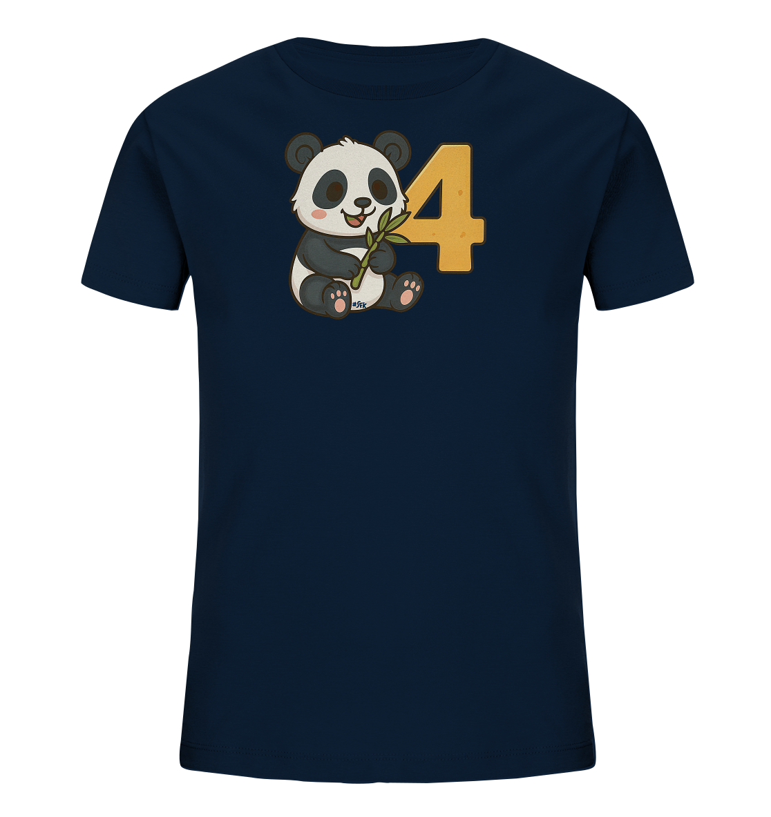 Onlineshop Shirts fuer Kinder - Das Bild zeigt ein dunkelblaues Kinder-T-Shirt mit einem niedlichen Aufdruck. Auf der Vorderseite ist ein lachender Panda-Baer abgebildet, der ein Stueck Bambus haelt. Neben dem Panda steht eine grosse, orange-gelbe Zahl "4". Das Design wirkt verspielt und ist fuer Kinder ansprechend gestaltet.