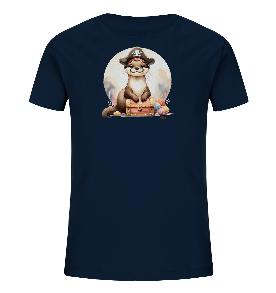 Onlineshop Shirts fuer Kinder - Das Bild zeigt ein dunkelblaues T-Shirt mit einer suessen Illustration eines Otters. Der Otter traegt einen Piratenhut mit Totenkopf-Symbol und sitzt auf einer verzierten Schatztruhe. Um die Truhe herum sind bunte Ostereier und einige Pflanzen abgebildet. Im Hintergrund befindet sich ein heller Kreis, der das Motiv hervorhebt.