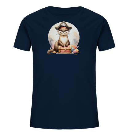 Onlineshop Shirts fuer Kinder - Das Bild zeigt ein dunkelblaues T-Shirt mit einer suessen Illustration eines Otters. Der Otter traegt einen Piratenhut mit Totenkopf-Symbol und sitzt auf einer verzierten Schatztruhe. Um die Truhe herum sind bunte Ostereier und einige Pflanzen abgebildet. Im Hintergrund befindet sich ein heller Kreis, der das Motiv hervorhebt.