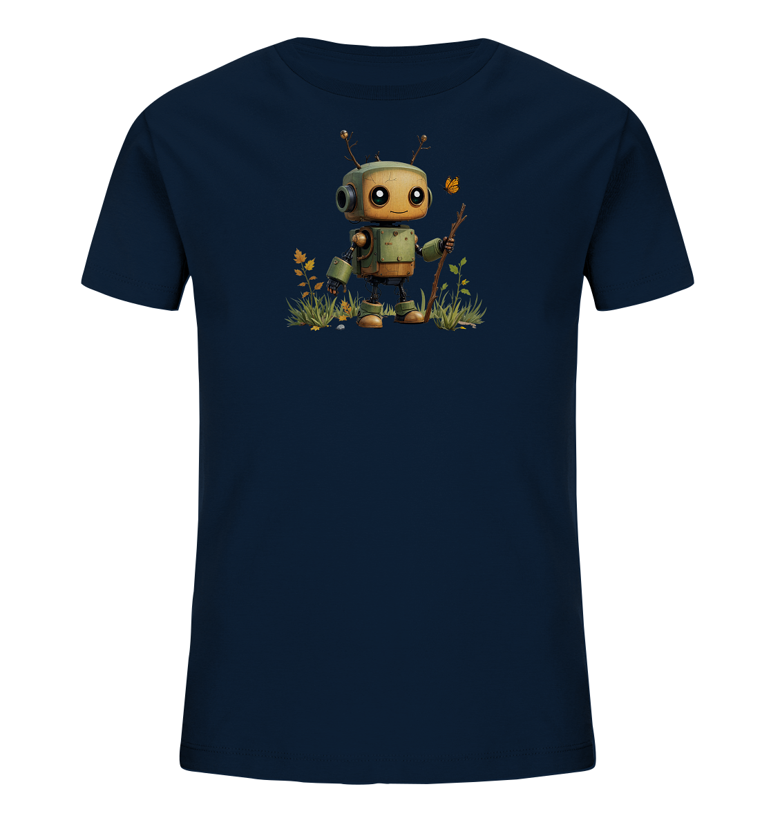 Onlineshop Shirts für Kinder - Das Bild zeigt ein dunkelblaues Kinder-T-Shirt. Auf der Vorderseite ist eine Illustration eines kleinen, freundlich aussehenden Roboters abgebildet. Der Roboter steht inmitten von grünen Grashalmen und einigen gelblichen Pflanzen und hält einen kleinen Stock in der Hand. Über ihm fliegt ein orangefarbener Schmetterling, was dem Motiv eine naturnahe und verspielte Atmosphäre verleiht.