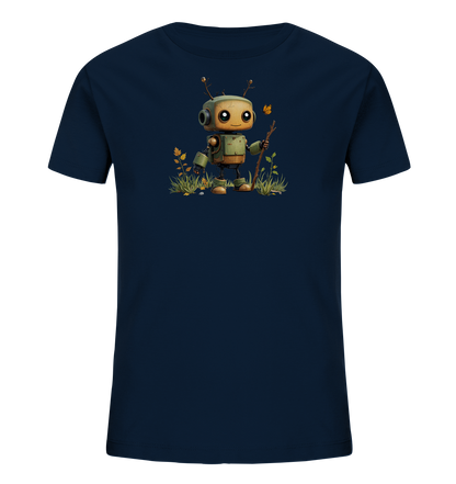 Onlineshop Shirts für Kinder - Das Bild zeigt ein dunkelblaues Kinder-T-Shirt. Auf der Vorderseite ist eine Illustration eines kleinen, freundlich aussehenden Roboters abgebildet. Der Roboter steht inmitten von grünen Grashalmen und einigen gelblichen Pflanzen und hält einen kleinen Stock in der Hand. Über ihm fliegt ein orangefarbener Schmetterling, was dem Motiv eine naturnahe und verspielte Atmosphäre verleiht.