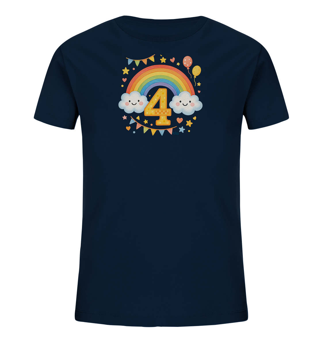 Onlineshop Shirts fuer Kinder - Das Bild zeigt ein dunkelblaues Kinder-T-Shirt mit einem froehlichen Geburtstagsmotiv. Zentral platziert ist die Zahl '4', umgeben von einem farbenfrohen Regenbogen. Suesse lachende Wolken, bunte Sterne, Herzen, Luftballons und eine Girlande ergaenzen das Design. Das gesamte Motiv wirkt verspielt und feierlich.