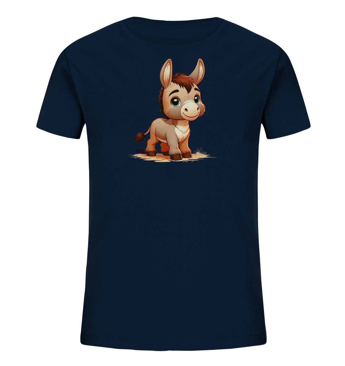 Onlineshop Shirts fuer Kinder - Das Bild zeigt ein dunkelblaues T-Shirt fuer Kinder. Auf der Vorderseite ist eine suesse Illustration eines kleinen Esels zu sehen. Der Cartoon-Esel hat grosse Augen und einen freundlichen Ausdruck und steht auf einem helleren Untergrund.