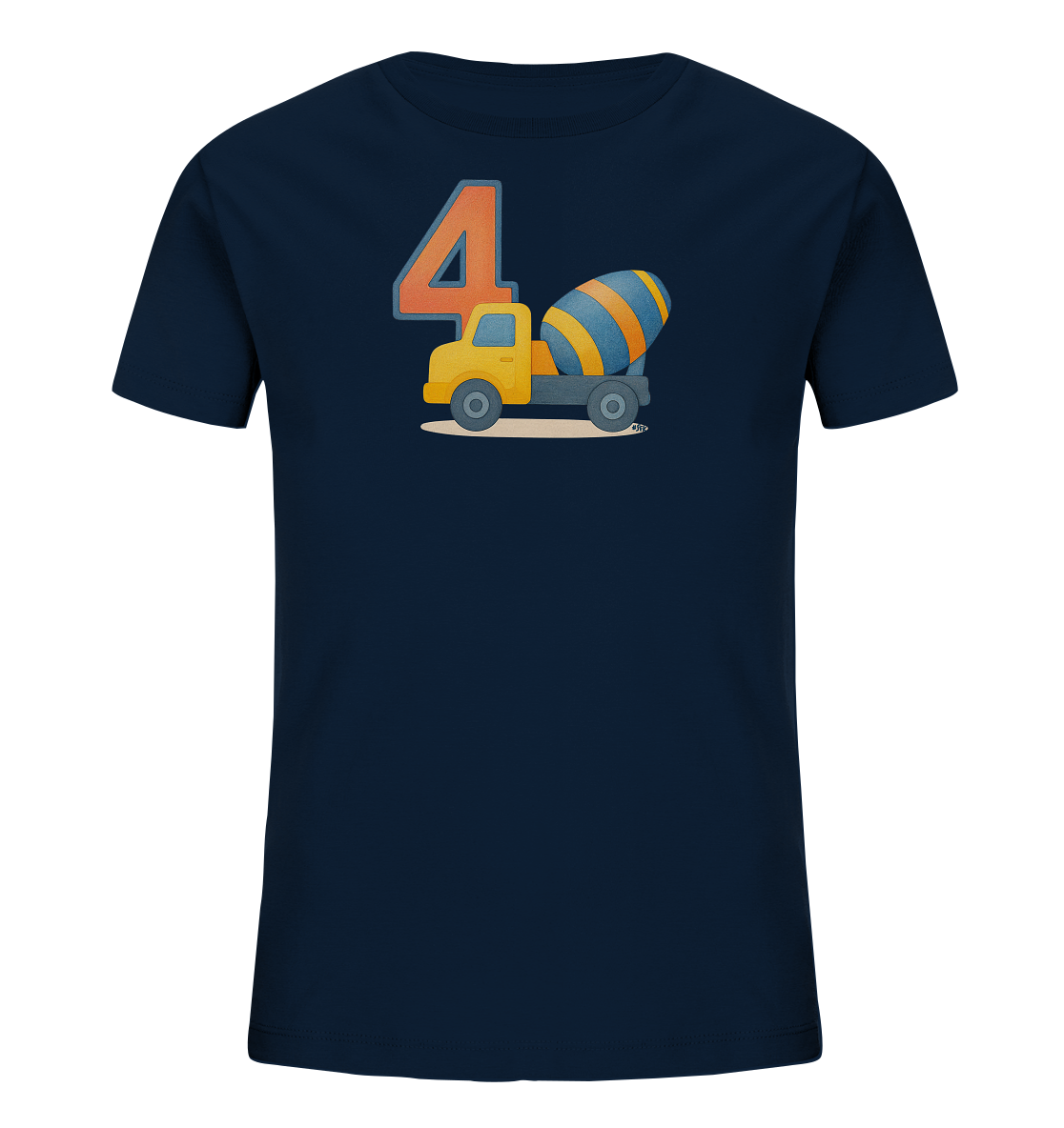 Onlineshop Shirts fuer Kinder - Das Bild zeigt ein dunkelblaues T-Shirt fuer Kinder mit einem Motiv auf der Vorderseite. Es ist eine grosse, orangefarbene Zahl '4' abgebildet, neben der ein gelber Zementmischer-Lastwagen steht. Der Mischer hat blau-orange Streifen. Das Design ist auf einem hellen Untergrund platziert und wirkt froehlich und passend fuer kleine Baufans.