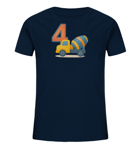 Onlineshop Shirts fuer Kinder - Das Bild zeigt ein dunkelblaues T-Shirt fuer Kinder mit einem Motiv auf der Vorderseite. Es ist eine grosse, orangefarbene Zahl '4' abgebildet, neben der ein gelber Zementmischer-Lastwagen steht. Der Mischer hat blau-orange Streifen. Das Design ist auf einem hellen Untergrund platziert und wirkt froehlich und passend fuer kleine Baufans.