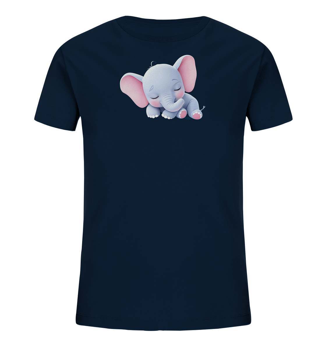 Onlineshop Shirts fuer Kinder - Das Bild zeigt ein dunkelblaues Kinder-T-Shirt mit einem niedlichen schlafenden Baby-Elefantenmotiv auf der Vorderseite. Der Elefant ist hellgrau mit grossen rosafarbenen Ohren und geschlossenen Augen, was einen friedlichen Ausdruck vermittelt. Er liegt gemuetlich zusammengerollt, und seine rosafarbenen Fusssohlen sind sichtbar. Das Design ist schlicht und herzig, ideal fuer kleine Kinder.