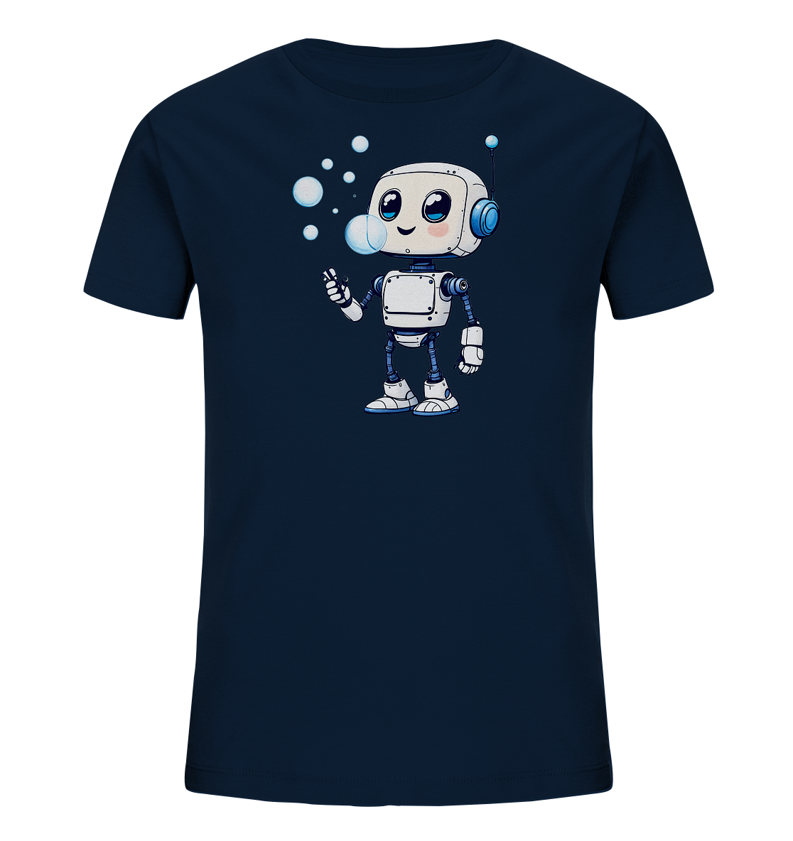 Onlineshop Shirts für Kinder - Das Bild zeigt ein dunkelblaues (Navy) T-Shirt für Kinder, auf dessen Vorderseite ein farbenfrohes Motiv abgebildet ist. Das Motiv stellt einen freundlich lächelnden Cartoon-Roboter dar, der gerade Seifenblasen pustet. Der Roboter hat einen weißen Körper mit blauen Akzenten an Kopf, Gelenken und Füßen sowie eine kleine Antenne auf dem Kopf. Mehrere Seifenblasen schweben um den Roboter herum, was dem Design einen verspielten und lebendigen Charakter verleiht.