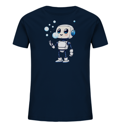 Onlineshop Shirts für Kinder - Das Bild zeigt ein dunkelblaues (Navy) T-Shirt für Kinder, auf dessen Vorderseite ein farbenfrohes Motiv abgebildet ist. Das Motiv stellt einen freundlich lächelnden Cartoon-Roboter dar, der gerade Seifenblasen pustet. Der Roboter hat einen weißen Körper mit blauen Akzenten an Kopf, Gelenken und Füßen sowie eine kleine Antenne auf dem Kopf. Mehrere Seifenblasen schweben um den Roboter herum, was dem Design einen verspielten und lebendigen Charakter verleiht.