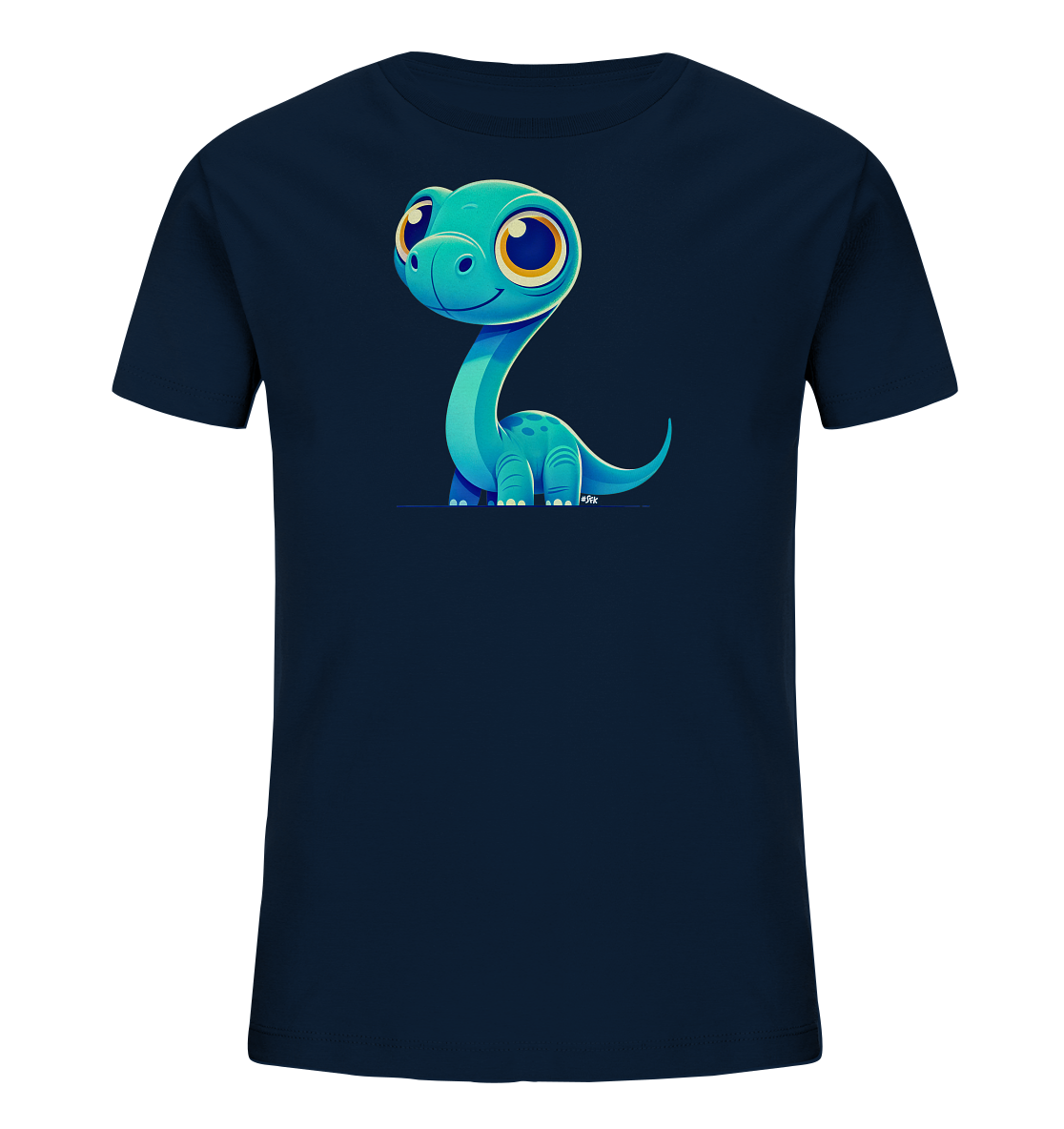 Onlineshop Shirts für Kinder - Das Bild zeigt ein dunkelblaues Kinder-T-Shirt, dessen Vorderseite mit einem auffälligen Druck versehen ist. Dieser Druck zeigt einen freundlich dreinblickenden, cartoonartigen Dinosaurier in einem helleren Blauton. Der Dinosaurier hat große, runde gelbe Augen und ein leichtes Lächeln auf dem Gesicht. Er ist mit einem langen Hals und kleinem Körper dargestellt, was dem Motiv einen niedlichen und verspielten Charakter verleiht.