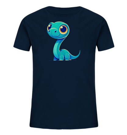 Onlineshop Shirts für Kinder - Das Bild zeigt ein dunkelblaues Kinder-T-Shirt, dessen Vorderseite mit einem auffälligen Druck versehen ist. Dieser Druck zeigt einen freundlich dreinblickenden, cartoonartigen Dinosaurier in einem helleren Blauton. Der Dinosaurier hat große, runde gelbe Augen und ein leichtes Lächeln auf dem Gesicht. Er ist mit einem langen Hals und kleinem Körper dargestellt, was dem Motiv einen niedlichen und verspielten Charakter verleiht.