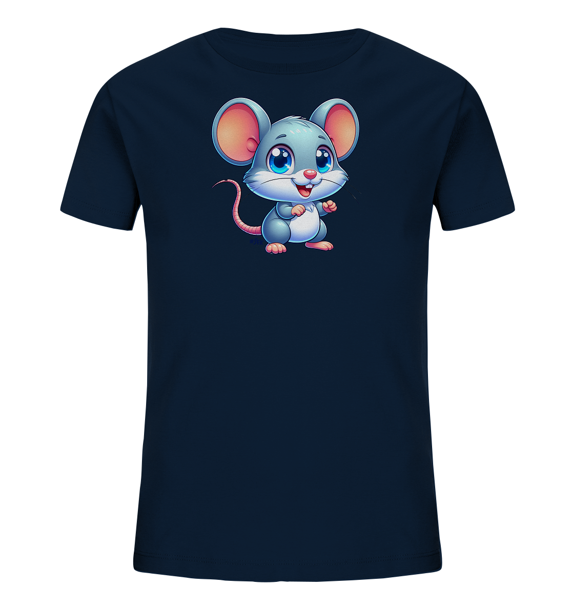 Onlineshop Shirts fuer Kinder - Das Bild zeigt ein dunkelblaues T-Shirt fuer Kinder mit einem freundlichen Maus-Motiv auf der Vorderseite. Die cartoonhafte Maus ist grau mit pinken Details, hat grosse blaue Augen und ein Laecheln. Sie steht aufrecht und schaut direkt nach vorne.
