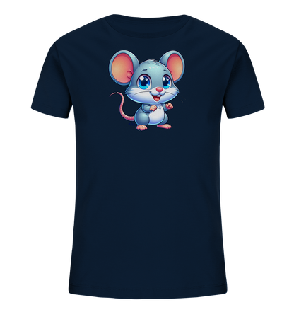 Onlineshop Shirts fuer Kinder - Das Bild zeigt ein dunkelblaues T-Shirt fuer Kinder mit einem freundlichen Maus-Motiv auf der Vorderseite. Die cartoonhafte Maus ist grau mit pinken Details, hat grosse blaue Augen und ein Laecheln. Sie steht aufrecht und schaut direkt nach vorne.