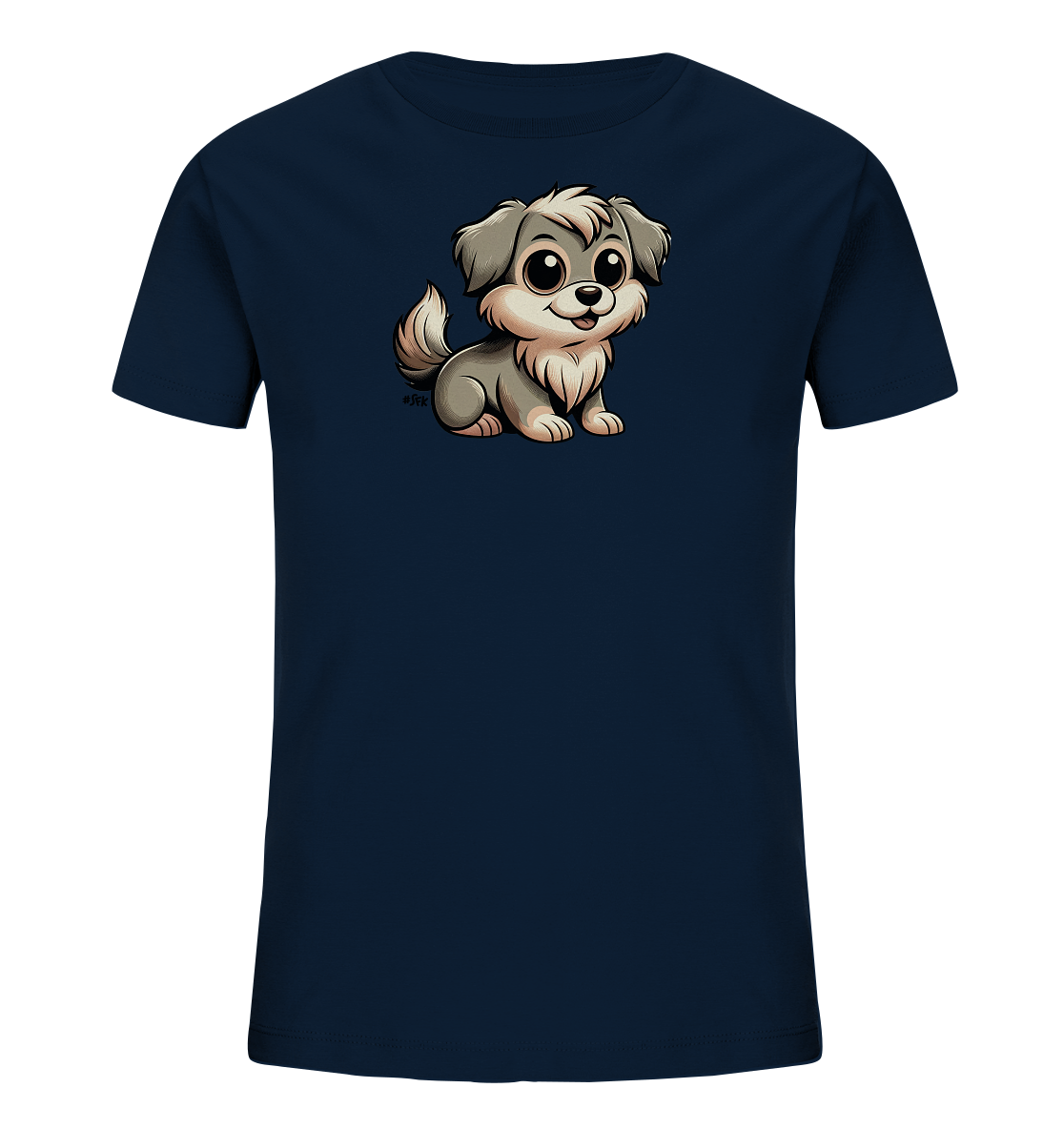 Onlineshop Shirts fuer Kinder - Das Bild zeigt ein dunkelblaues T-Shirt fuer Kinder mit einer niedlichen Illustration auf der Vorderseite. Die Grafik stellt einen kleinen, cartoonartigen Hund dar. Der Hund sitzt und schaut freundlich mit grossen Augen. Das Design ist verspielt und ansprechend fuer Kinder.