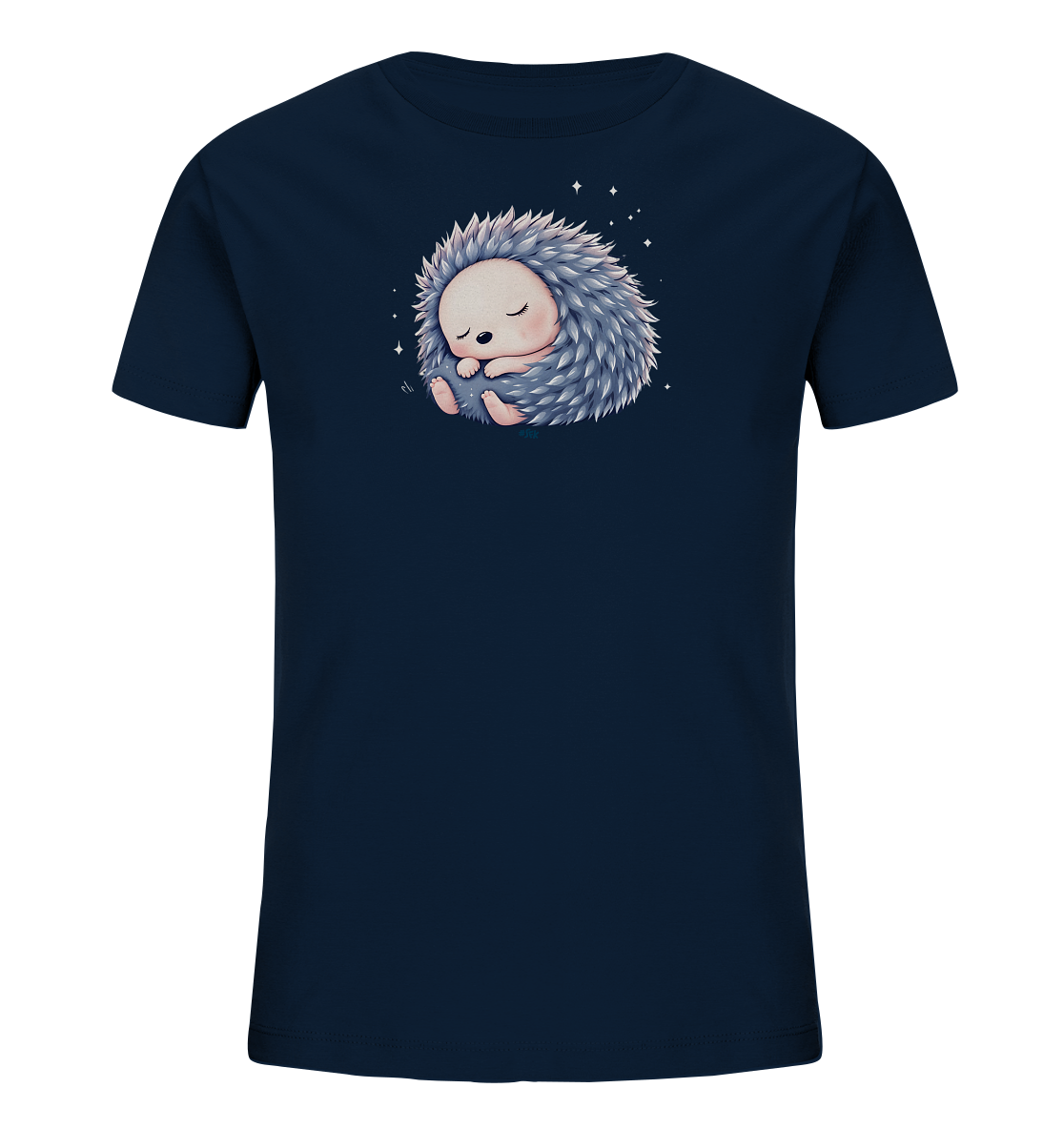 Onlineshop Shirts fuer Kinder - Das Bild zeigt ein dunkelblaues Kinder-T-Shirt mit einem niedlichen Motiv eines schlafenden Igels. Der Igel ist zusammengerollt dargestellt, mit hellgrauen Stacheln und sanft geschlossenen Augen. Kleine glitzernde Sterne umgeben das Tier, was dem Design eine ruhige und vertraeumte Atmosphaere verleiht. Das Shirt ist auf einem schwarzen Hintergrund isoliert.