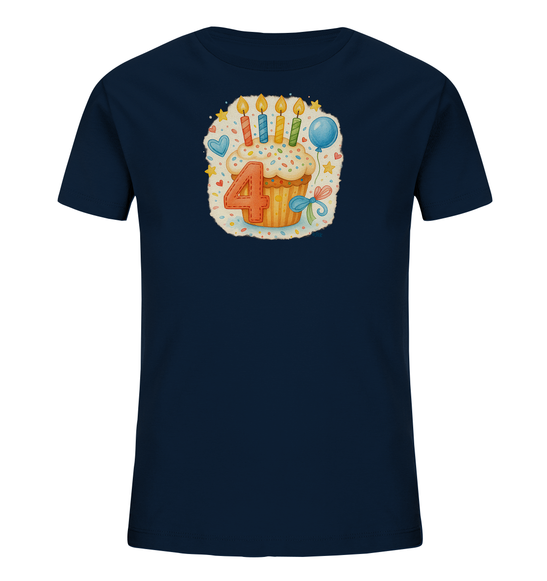 Onlineshop Shirts fuer Kinder - Das dunkelblaue Kinder T-Shirt praesentiert auf der Vorderseite eine farbenfrohe Illustration eines Geburtstagscupcakes. Auf dem Cupcake befinden sich vier brennende Kerzen sowie die auffaellige Zahl Vier. Das Motiv ist von kleinen Sternen, Herzen, einem Ballon und einer Schleife umrahmt. Ein froehliches Design, passend zum vierten Geburtstag.