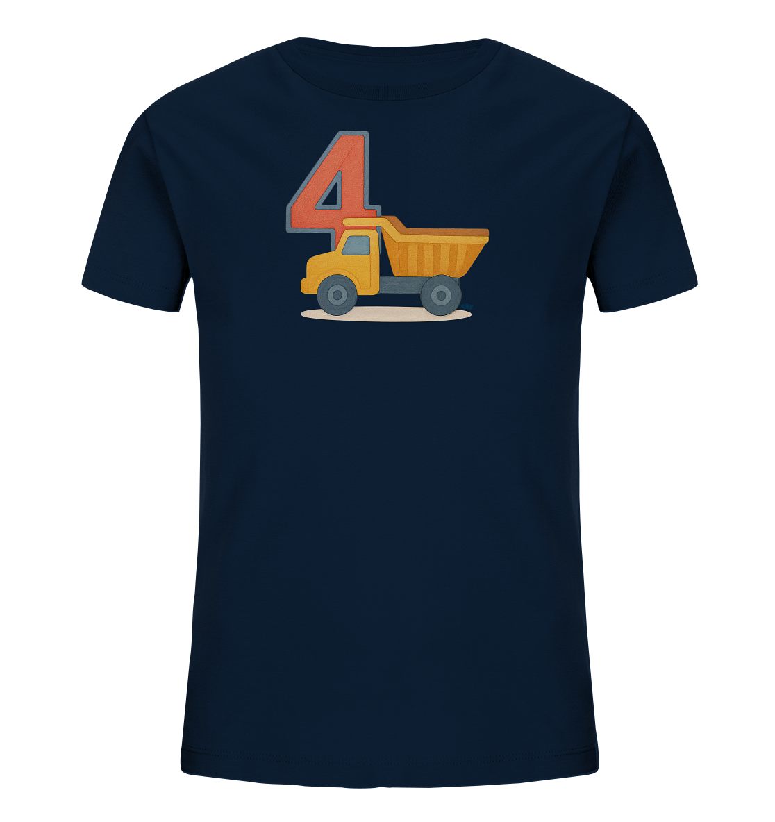 Onlineshop Shirts fuer Kinder - Das Bild zeigt ein dunkelblaues Kinder-T-Shirt mit einem grafischen Aufdruck auf der Vorderseite. Der Druck zeigt die Zahl '4' in Orange und Grau, direkt neben der Illustration eines gelben Kipplasters. Das Motiv ist zusammen mit einem hellen Untergrund dargestellt, was dem Design eine spielerische Note verleiht. Das Gesamtbild praesentiert das T-Shirt in einer neutralen Ansicht.