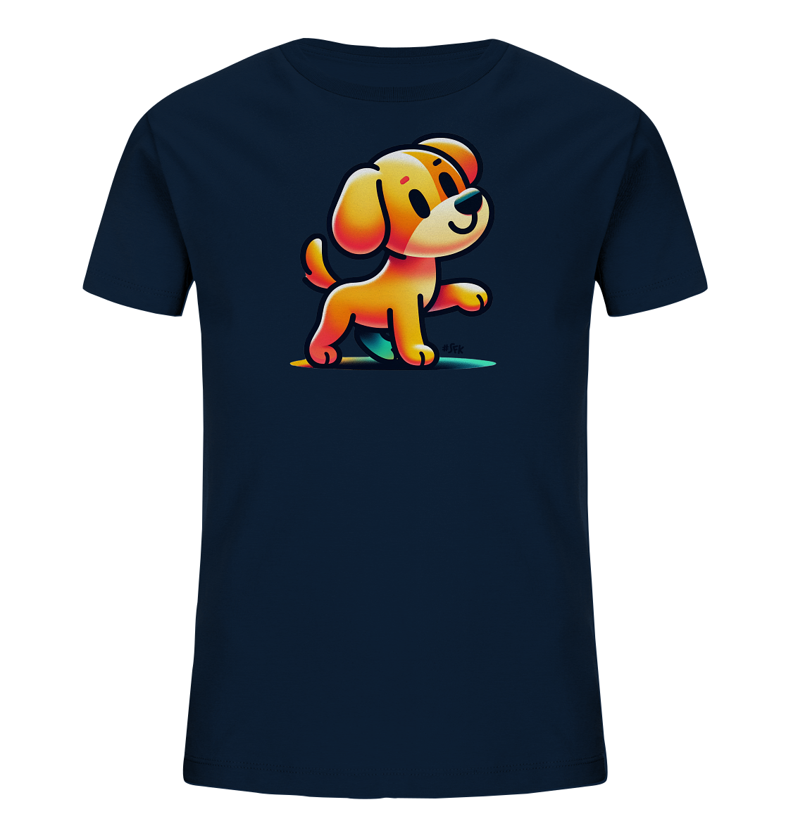 Onlineshop Shirts fuer Kinder - Dieses dunkelblaue Kinder T-Shirt zeigt eine niedliche Illustration eines hellen Cartoon-Hundes auf der Vorderseite. Der kleine Hund laechelt und macht gerade einen Schritt, dargestellt in leuchtenden Gelb- und Orangetoenen. Unter ihm befindet sich ein farbiger Schatten mit einem sanften Farbverlauf in Blau, Gruen und Gelb. Das froehliche Design ist ansprechend fuer Kinder.