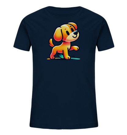Kinder T-Shirt mit hellbraunem Cartoon-Hund, Lächeln und erhobener Pfote
