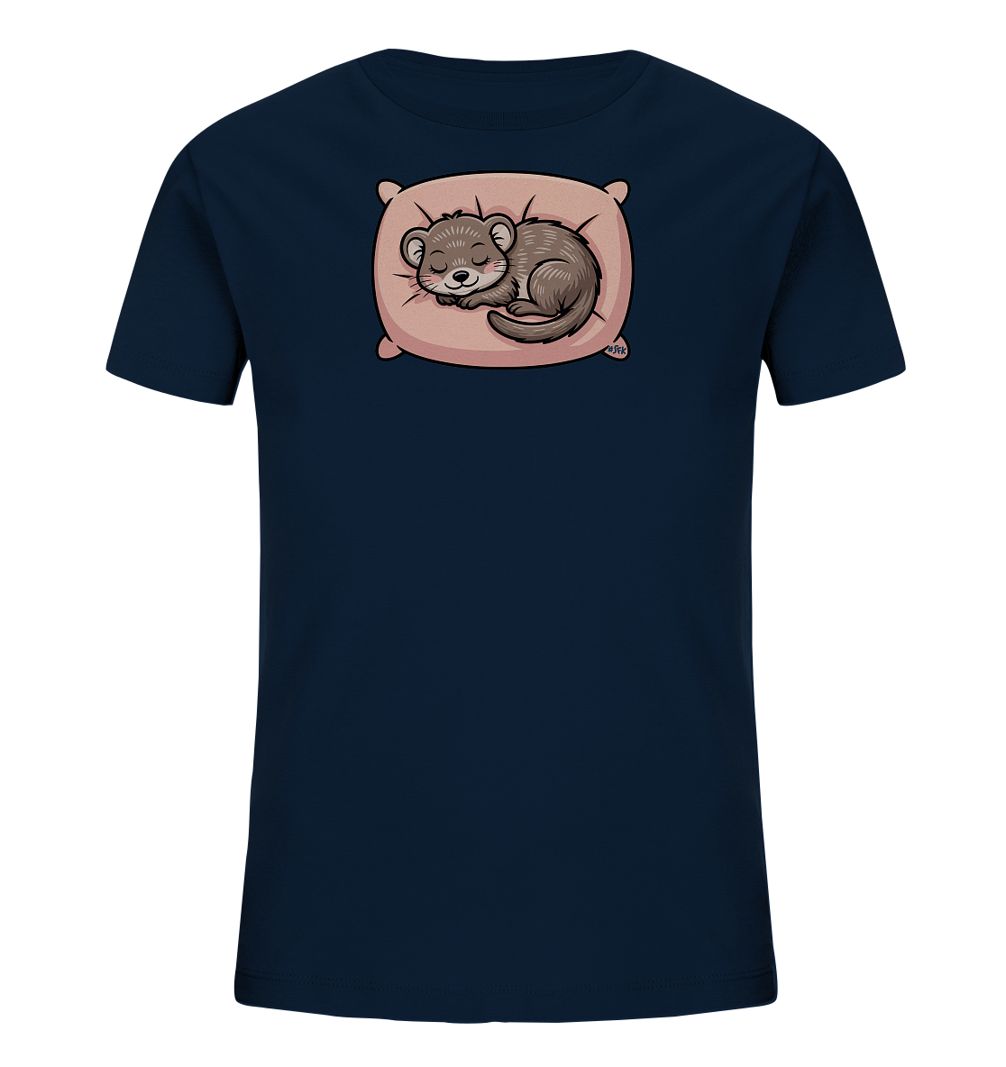 Onlineshop Shirts fuer Kinder - Das dunkelblaue T-Shirt zeigt ein niedliches Motiv eines schlafenden Tieres. Ein kleines, braunes Nagetier ist zusammengerollt auf einem rosafarbenen Kissen dargestellt, die Augen friedlich geschlossen. Das Tier laechelt sanft, was dem Design eine beruhigende und suesse Ausstrahlung verleiht. Dieses Motiv ist ideal fuer gemuetliche Kinderkleidung.