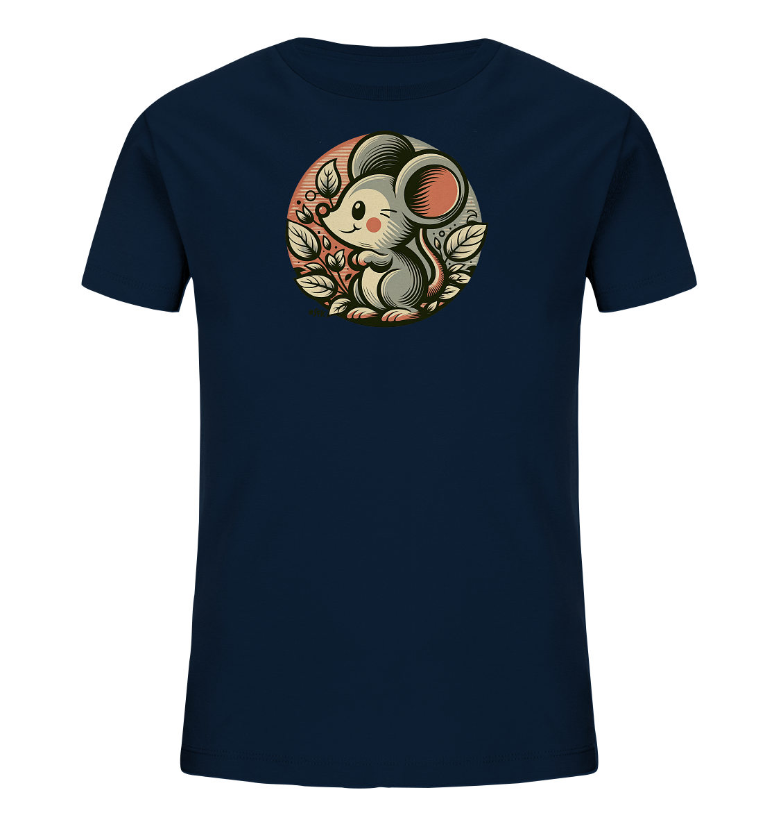 Onlineshop Shirts fuer Kinder - Das Bild zeigt ein dunkelblaues Kinder-T-Shirt mit einem runden Grafikdruck auf der Vorderseite. Der Druck zeigt eine niedliche, grau-pinke Cartoon-Maus, die inmitten von Blaettern sitzt. Die Maus laechelt und zwinkert und der Hintergrund des Kreises hat einen rosa Farbverlauf. Dieses Motiv verleiht dem Shirt einen verspielten Charakter.