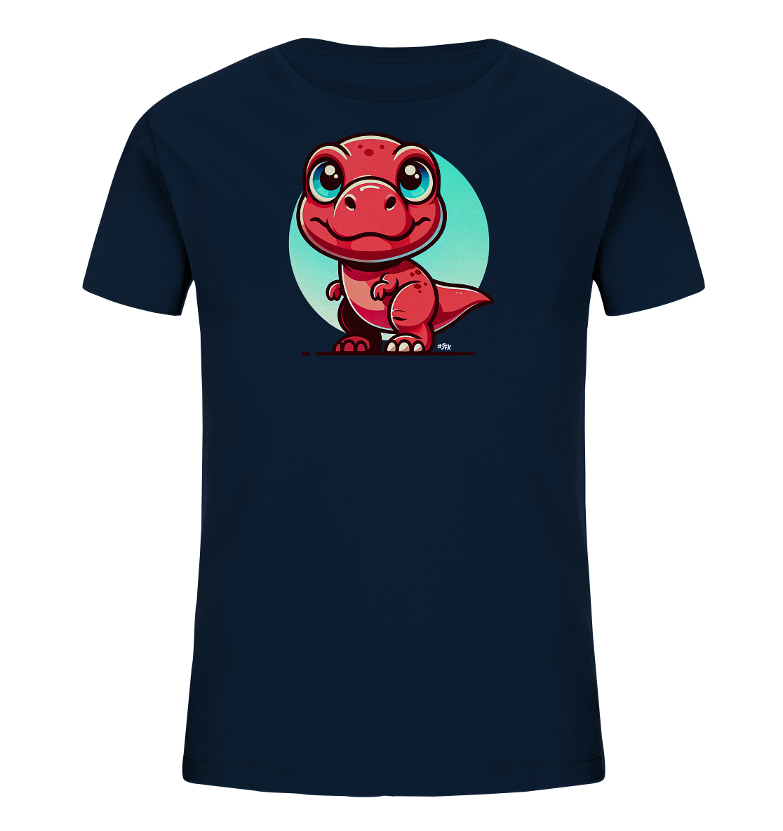 Onlineshop Shirts für Kinder - Das Bild zeigt ein dunkelblaues Kinder-T-Shirt, auf dessen Vorderseite ein großer, bunter Aufdruck zu sehen ist. Das Motiv stellt einen freundlich lächelnden, roten Cartoon-Dinosaurier mit großen, blauen Augen dar. Der kleine Dinosaurier steht auf einem dunklen Balken vor einem hellblauen Kreishintergrund. Das gesamte Design ist verspielt und farbenfroh gestaltet, was es zu einem ansprechenden Kleidungsstück für Kinder macht.