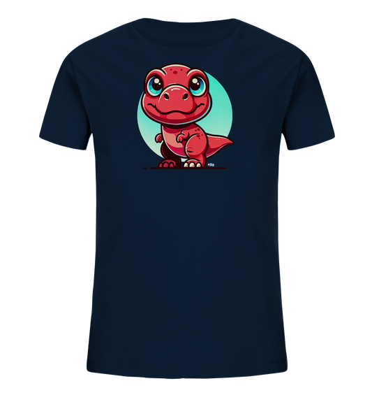 Onlineshop Shirts für Kinder - Das Bild zeigt ein dunkelblaues Kinder-T-Shirt, auf dessen Vorderseite ein großer, bunter Aufdruck zu sehen ist. Das Motiv stellt einen freundlich lächelnden, roten Cartoon-Dinosaurier mit großen, blauen Augen dar. Der kleine Dinosaurier steht auf einem dunklen Balken vor einem hellblauen Kreishintergrund. Das gesamte Design ist verspielt und farbenfroh gestaltet, was es zu einem ansprechenden Kleidungsstück für Kinder macht.