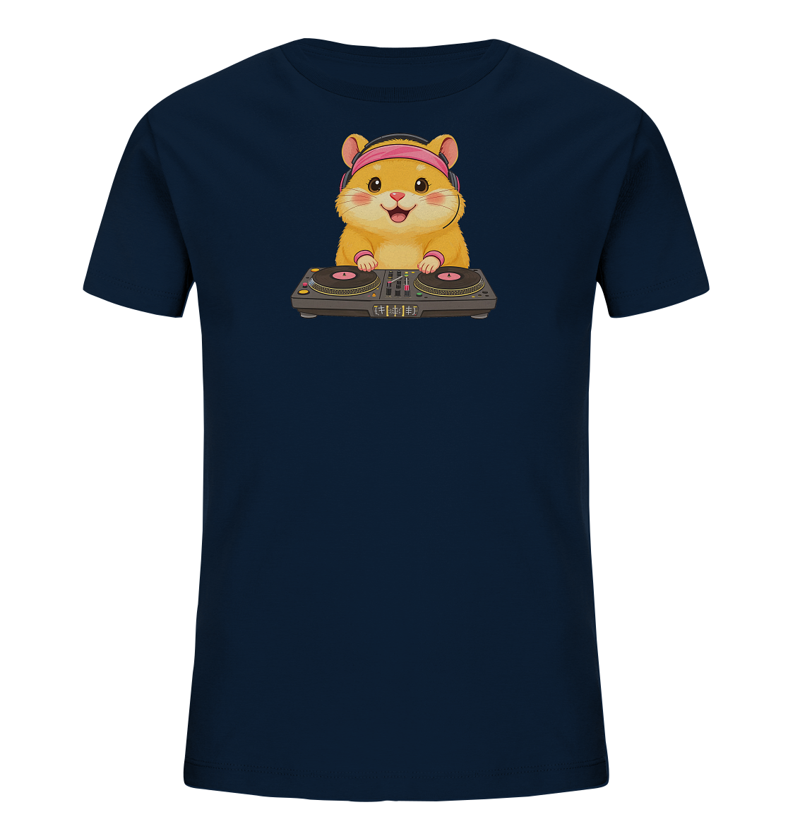 Onlineshop Shirts fuer Kinder - Das Bild zeigt ein dunkelblaues Kinder-T-Shirt mit einem lustigen Hamster-Motiv. Der Hamster traegt pinke Kopfhoerer und steht an einem DJ-Mischpult. Er hat ein froehliches Laecheln und rosa Armbaender. Das Design ist verspielt und ideal fuer kleine Musikliebhaber.