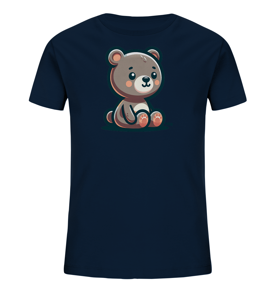 Onlineshop Shirts fuer Kinder - Das Bild zeigt ein dunkelblaues Kinder-T-Shirt. Auf der Vorderseite ist eine niedliche, cartoonartige Illustration eines sitzenden Teddybaeren abgebildet. Der Baer hat grosse Augen, eine kleine Nase, rosafarbene Wangen und ein freundliches Laecheln. Das Design ist schlicht und fokussiert auf die zentrale Tiergrafik.