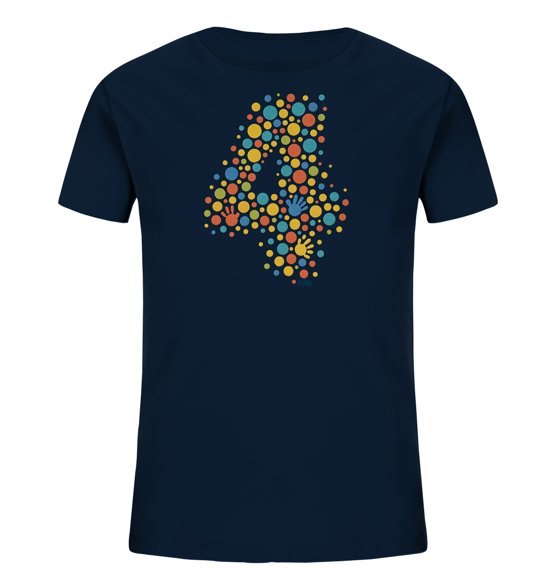 Onlineshop Shirts fuer Kinder - Das Bild zeigt ein dunkelblaues Kinder-T-Shirt mit einem grossen Motiv der Zahl 4 auf der Vorderseite. Die Zahl 4 besteht aus zahlreichen bunten Punkten in Gelb, Orange, Rot und Blau. Eingefuegt in die Punktlandschaft sind mehrere kleine bunte Handabdruecke. Das gesamte Design wirkt sehr lebendig und kindgerecht.