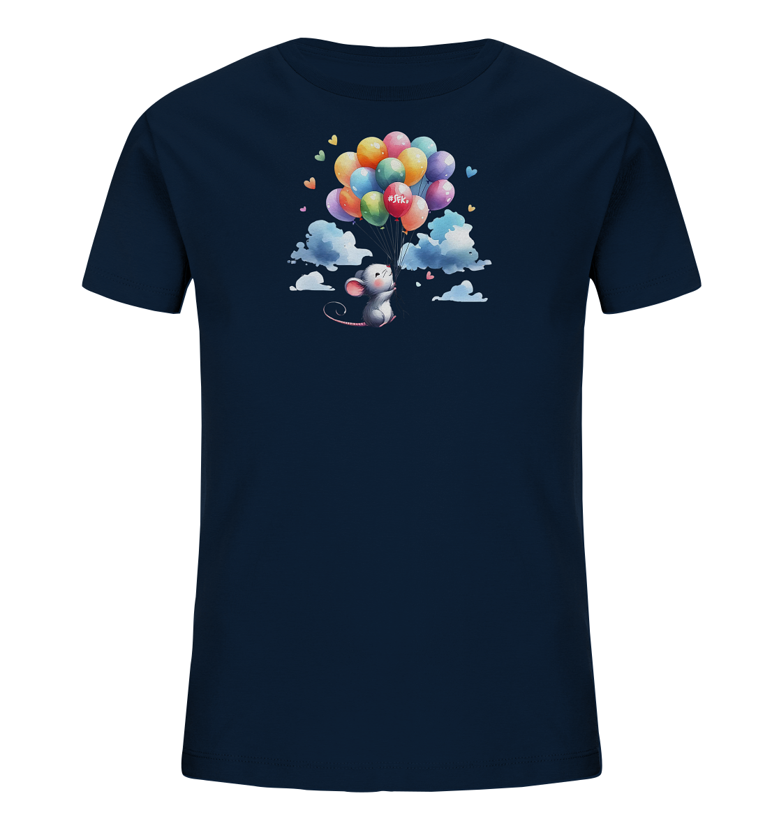 Onlineshop Shirts für Kinder - Das Bild zeigt ein dunkelblaues Kinder-T-Shirt mit einem farbenfrohen Druck auf der Vorderseite. Zu sehen ist eine niedliche, cartoonartige Maus, die von einem großen Bund bunter Luftballons in die Höhe getragen wird. Die Szene wird durch stilisierte Wolken und kleine Herzen ergänzt. Ein Ballon trägt den Schriftzug „#SFK.“, was dem Design einen verspielten Touch verleiht.