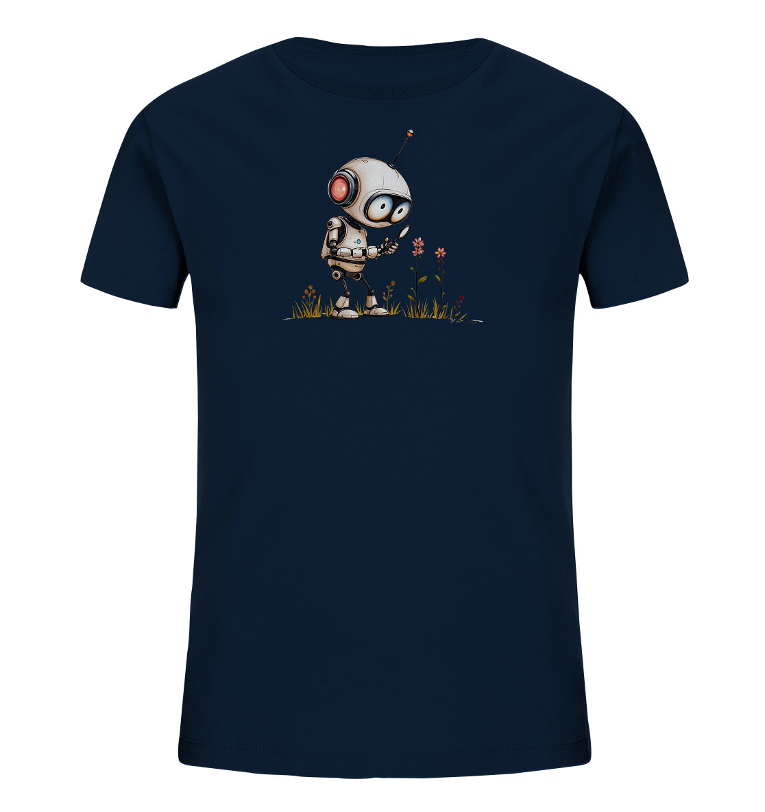 Onlineshop Shirts für Kinder - Das Bild zeigt ein dunkelblaues T-Shirt für Kinder. Auf der Vorderseite befindet sich eine Illustration eines kleinen, cartoonartigen Roboters. Der Roboter, überwiegend weiß mit roten Augen und einer Antenne, steht im Gras und scheint kleine Blumen zu betrachten oder zu untersuchen. Die detailreiche Grafik erzeugt eine freundliche und neugierige Szene, die gut zum Stil von Kinderkleidung passt.